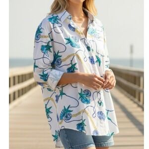 Vintage 80s Talbots M NEW Coastal Money Novelty Chain Shell Print Shirt Blouse